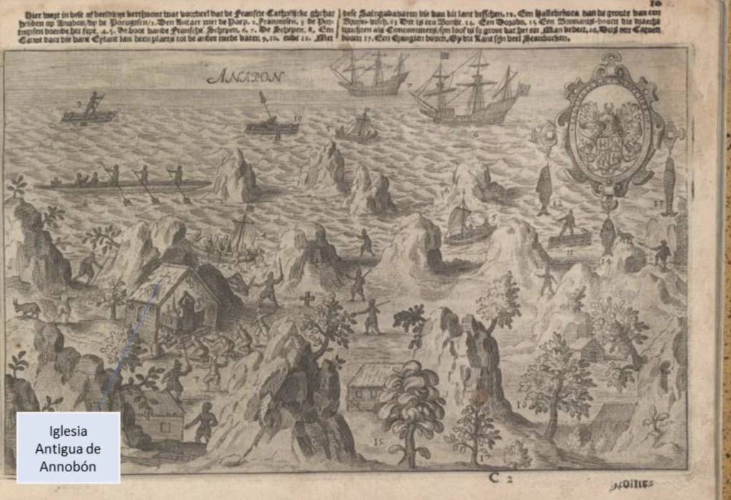 Grabado del siglo XVII que representa un episodio ocurrido en Annobón hacia 1600-1601, batalla marinos franceses en la isla. La ilustración forma parte del relato del viaje de Joris van Spilbergen (1601-1604) y fue realizada por el cartógrafo neerlandés Floris Balthasarsz van Berckenrode.