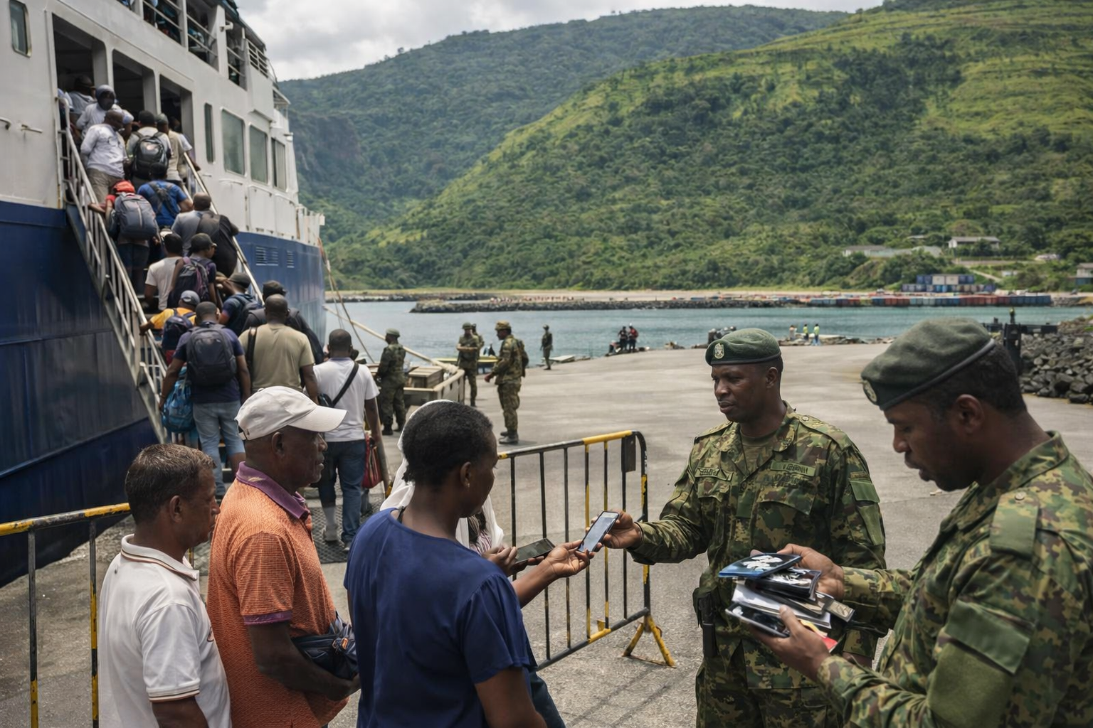 Annoboneses entregando sus teléfonos móviles a militares guineoecuatorianos (representación gráfica realizada con IA).