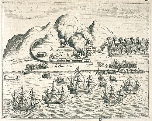 Grabado de la expedición holandesa - "Holandeses en Annobón". Grabado del siglo XVII que muestra la estructura social y arquitectónica de la isla. Obsérvese la organización comunitaria y la presencia de edificaciones que denotan una sociedad establecida mucho antes de la administración colonial española.